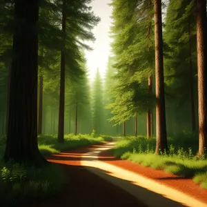 Serene Woodland Path in Sunlit Forest