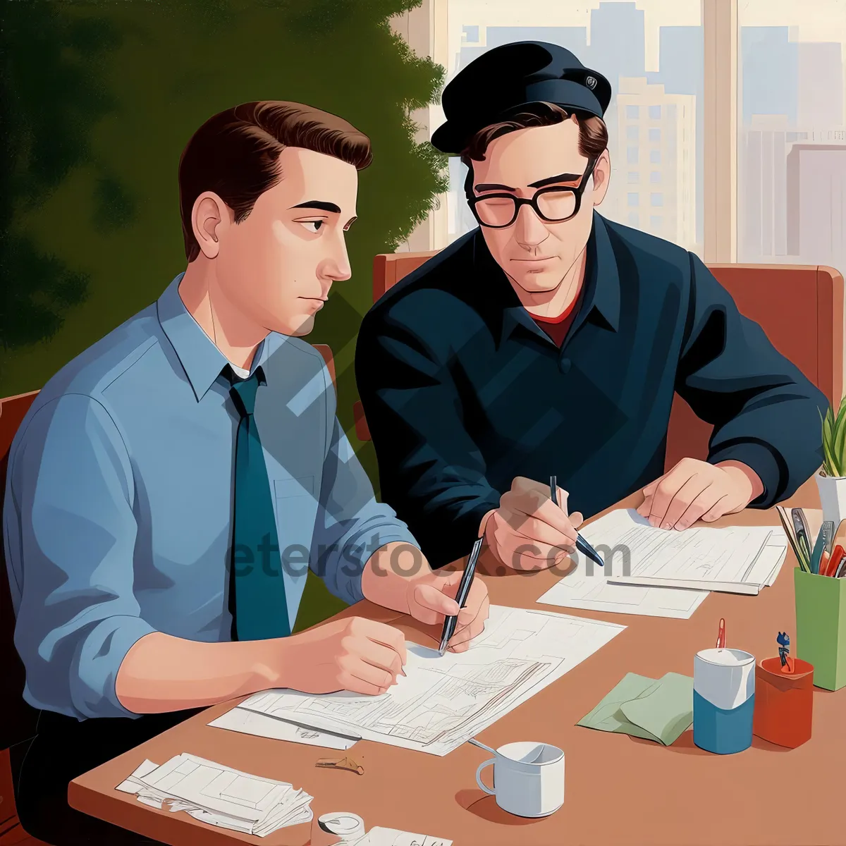 Picture of Successful Businessman Working at Office Desk with Laptop