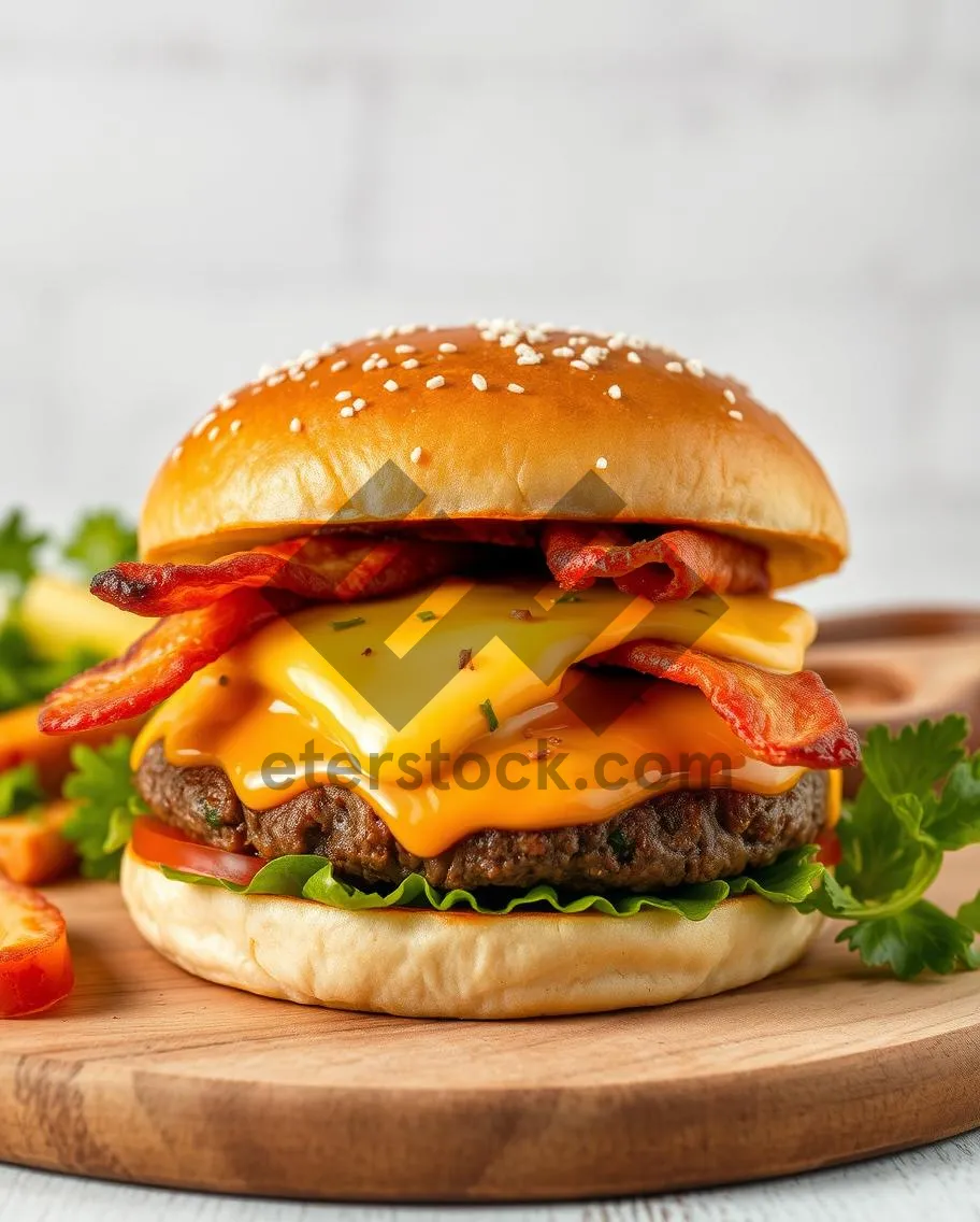 Picture of Gourmet Cheeseburger with Grilled Beef and Fresh Vegetables