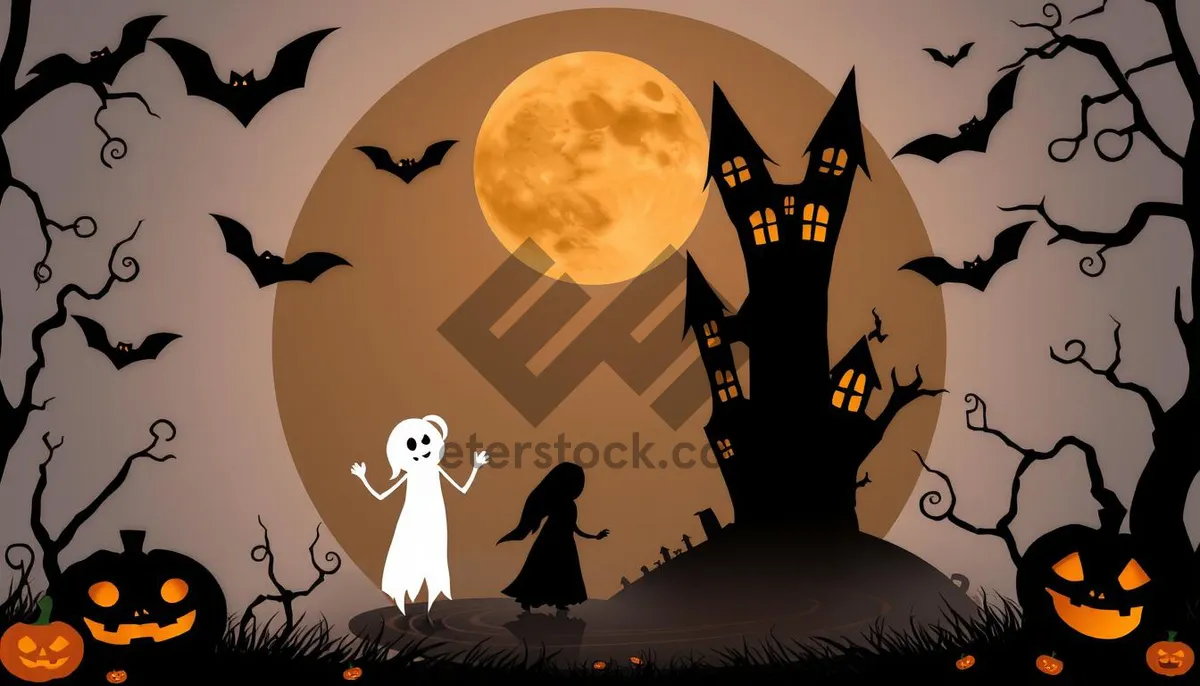 Picture of Spooky Halloween Night Silhouette with Moon and Trees