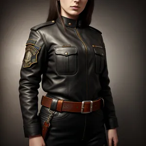 Sultry brunette model posing in black leather jacket.