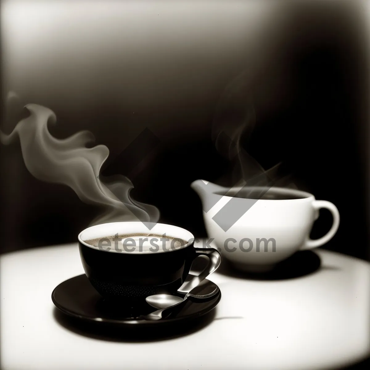 Picture of Hot steaming breakfast coffee in black porcelain mug.