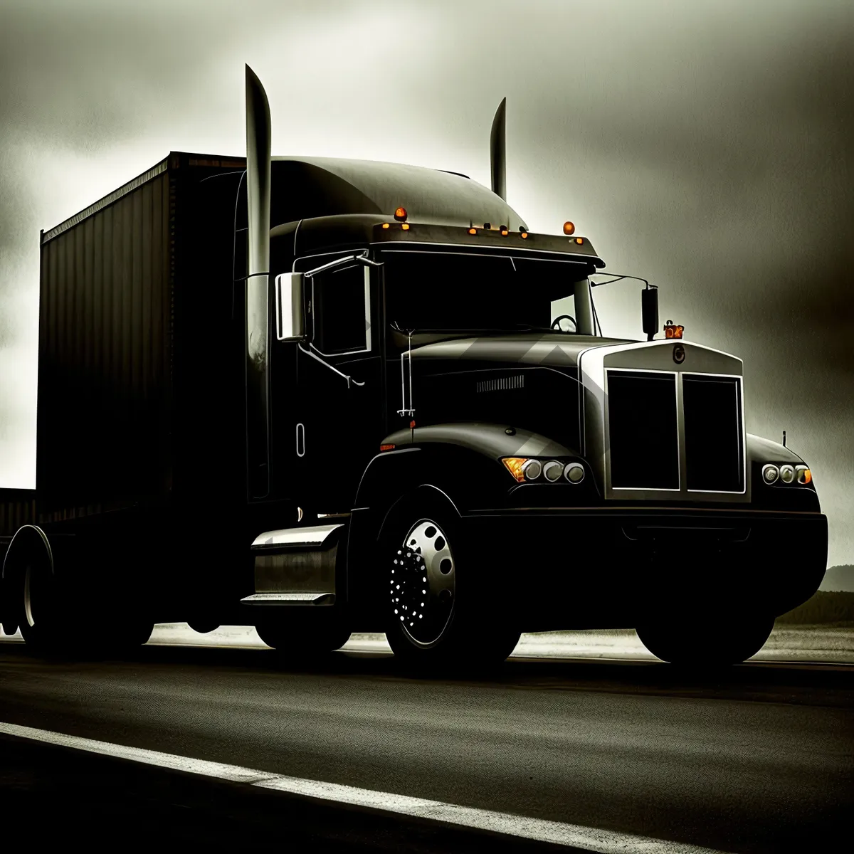 Picture of Speeding Cargo Truck on Highway with Cloudy Sky