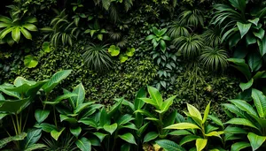 Tropical forest with lush foliage and umbrella tree.