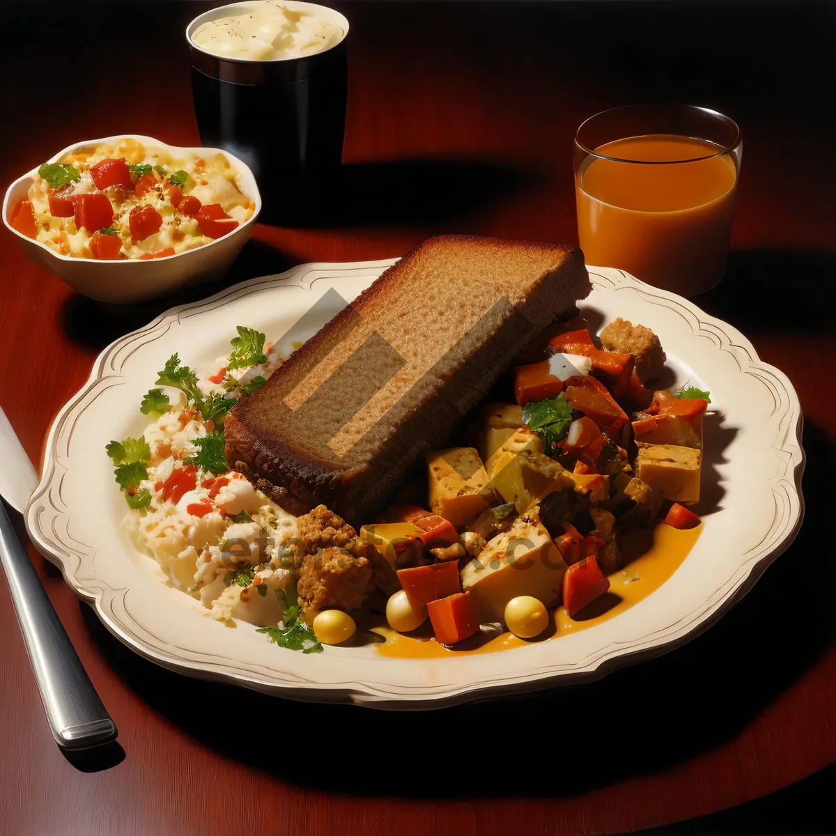 Picture of Healthy vegetable salad with grilled meat and fresh tomatoes.