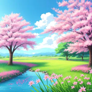 Colorful Rural Landscape with Pink Flowers, Green Grass, and Blue Sky