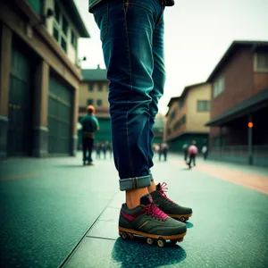 Skateboarding through the city streets with style.