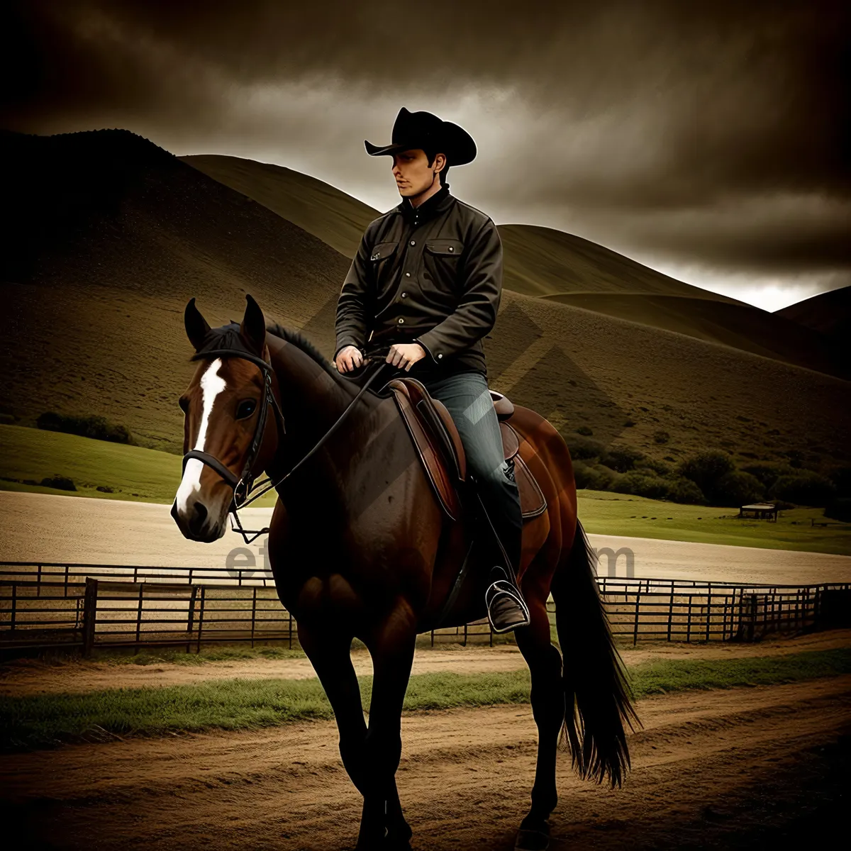 Picture of Brown Stallion Riding with Cowboy on Ranch