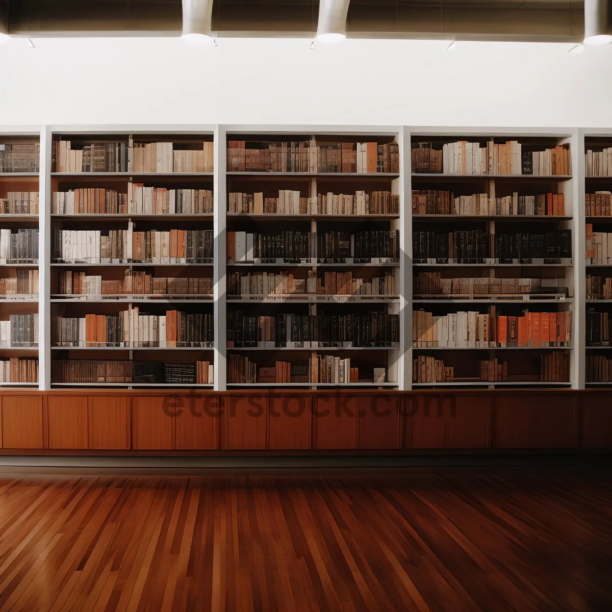 Picture of Modern library interior with wooden bookshelves.