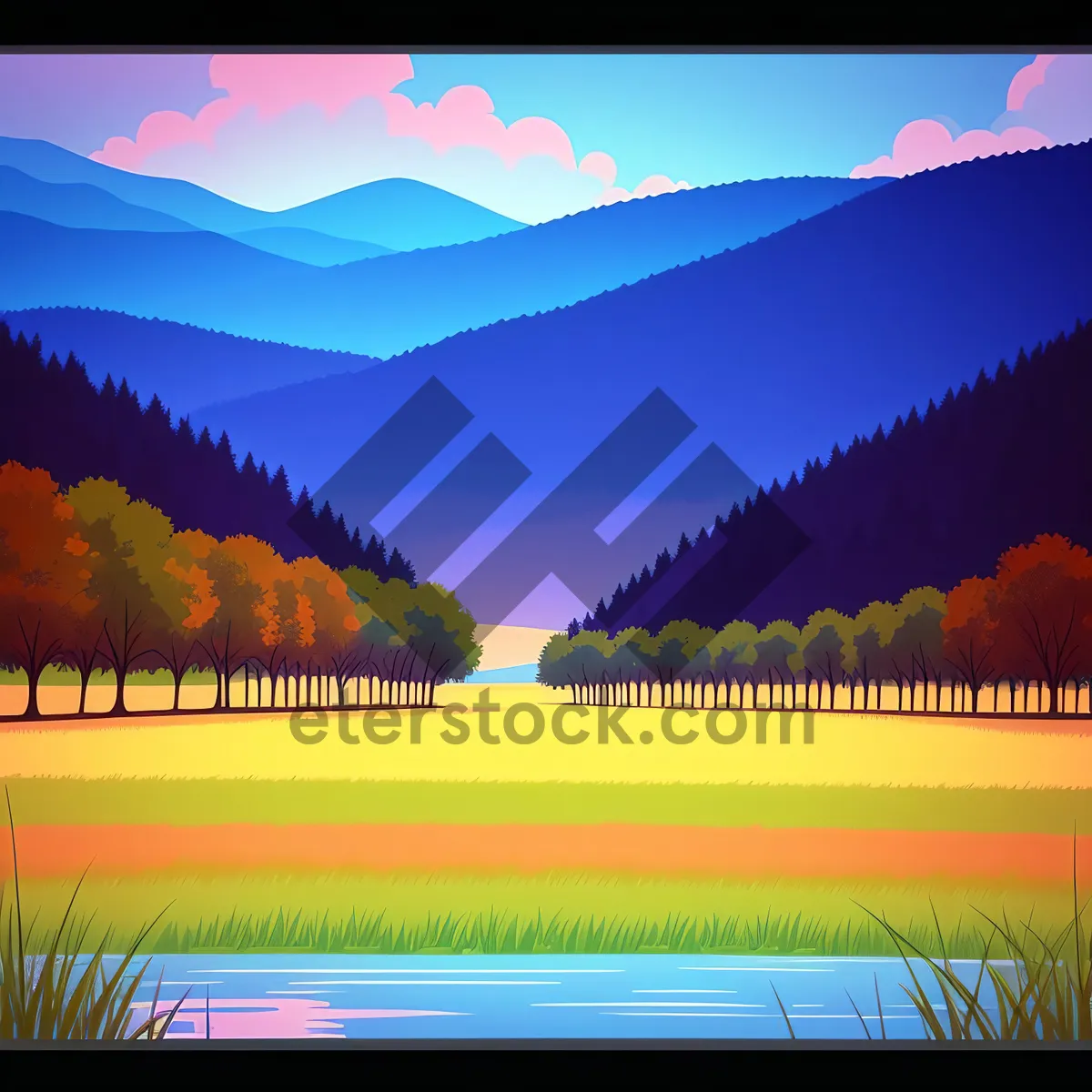 Picture of Vibrant Sunset Over Meadow and River