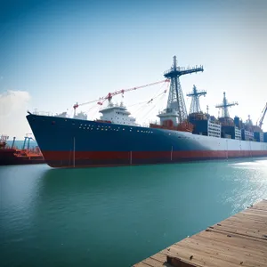 Freight carrier navigating bustling harbor