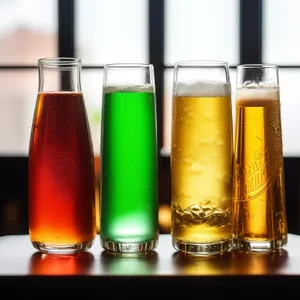 Closeup of golden beer in frosty glass on table.