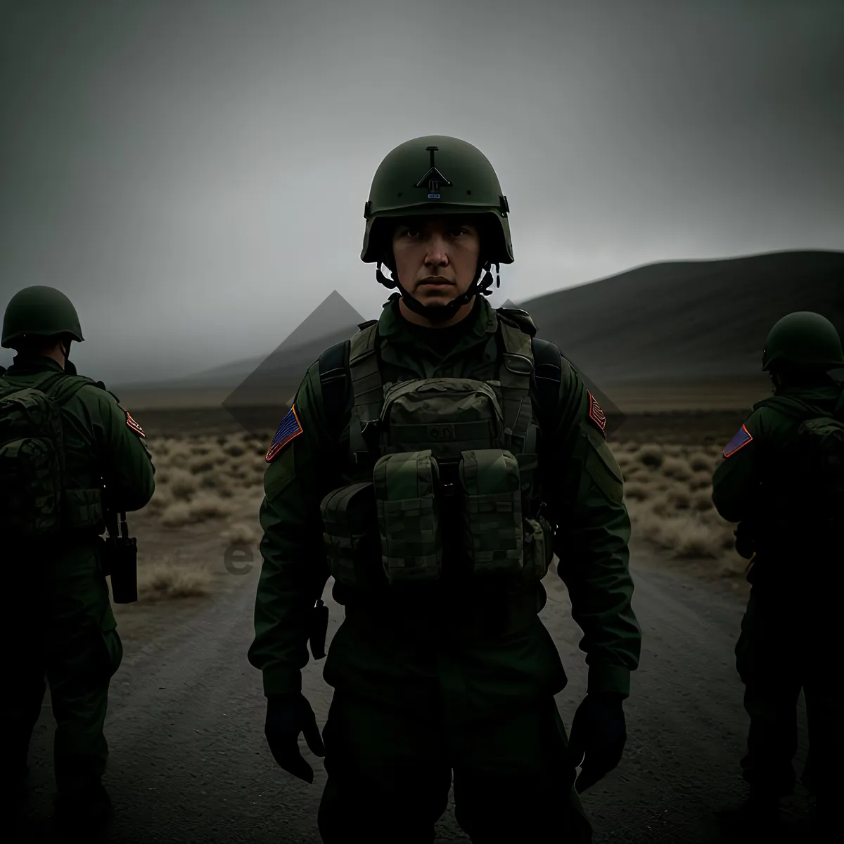 Picture of Soldier in Bulletproof Vest with Helmet and Backpack