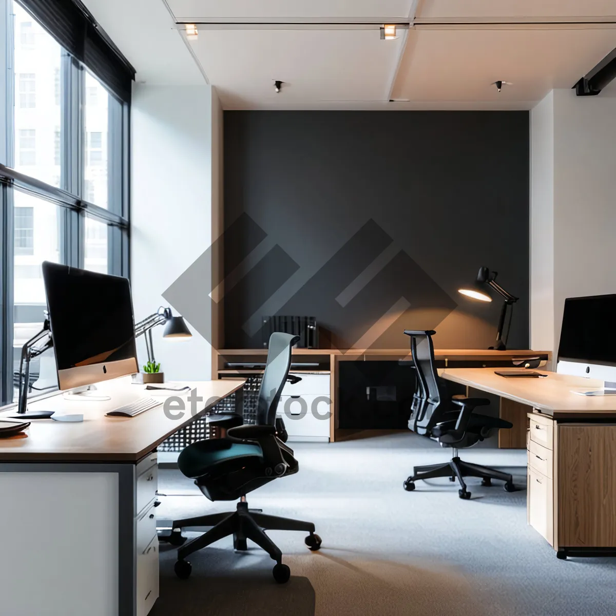 Picture of Modern office interior with luxury furniture and 3D architecture.