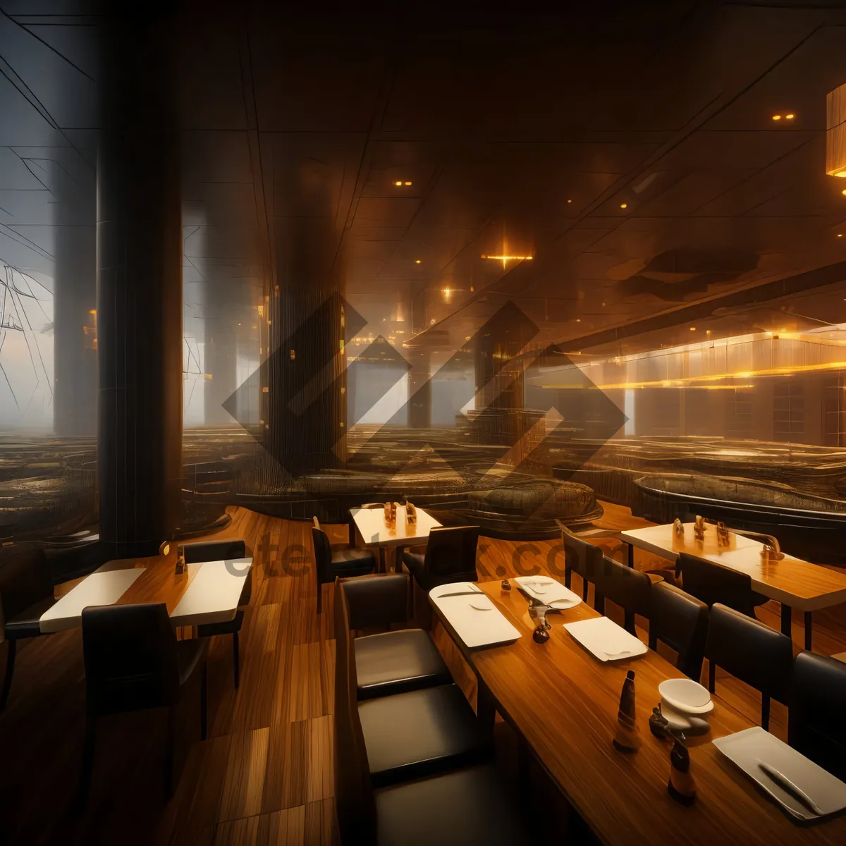 Picture of Modern Restaurant Interior with Wooden Furniture and Empty Chairs