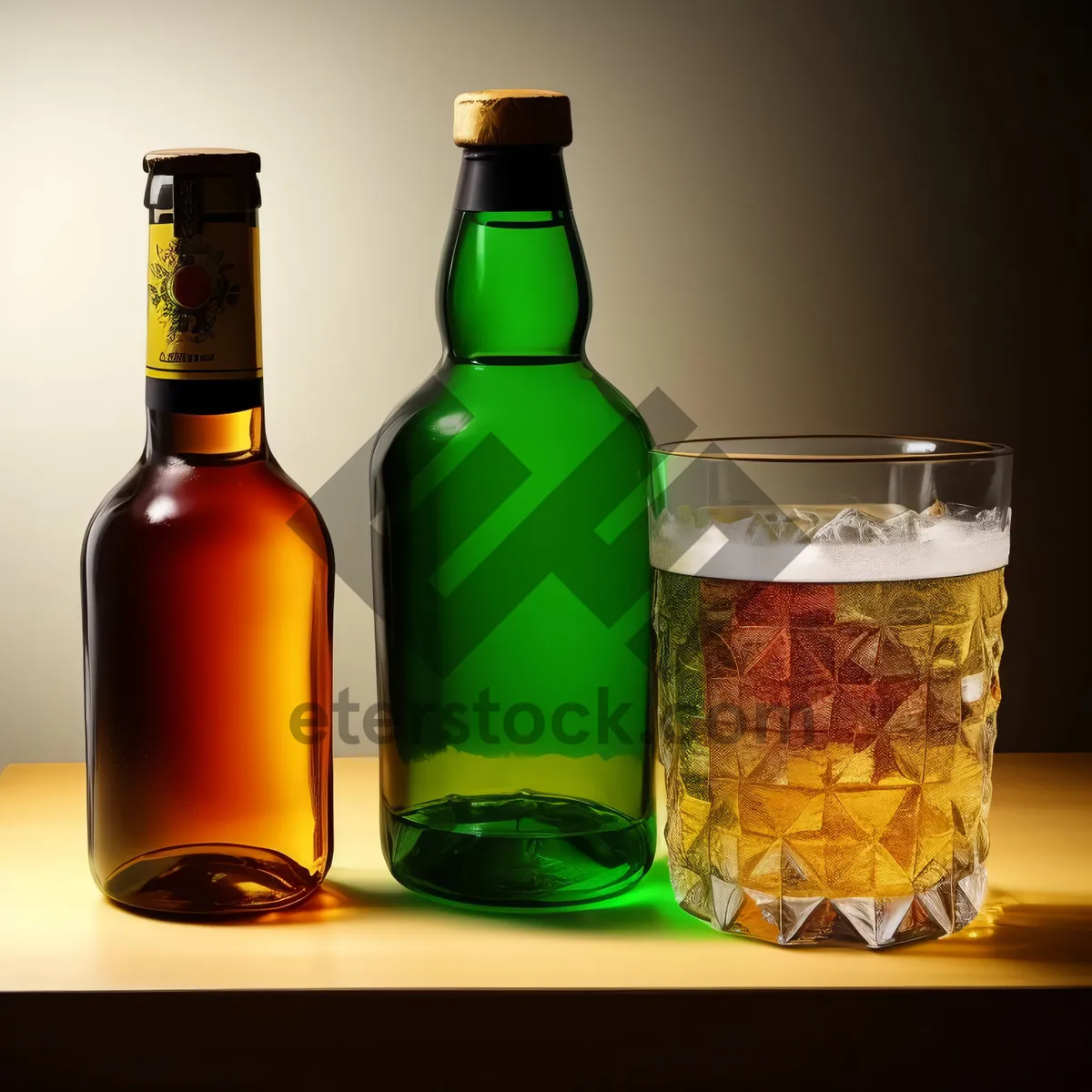 Picture of Closeup of a Golden Beer Bottle on Table.