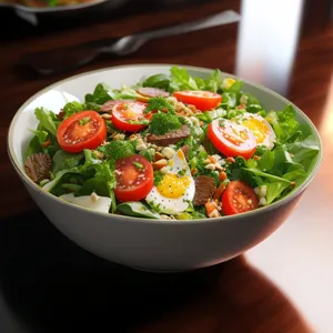 Delicious vegetable salad with fresh tomato and lettuce