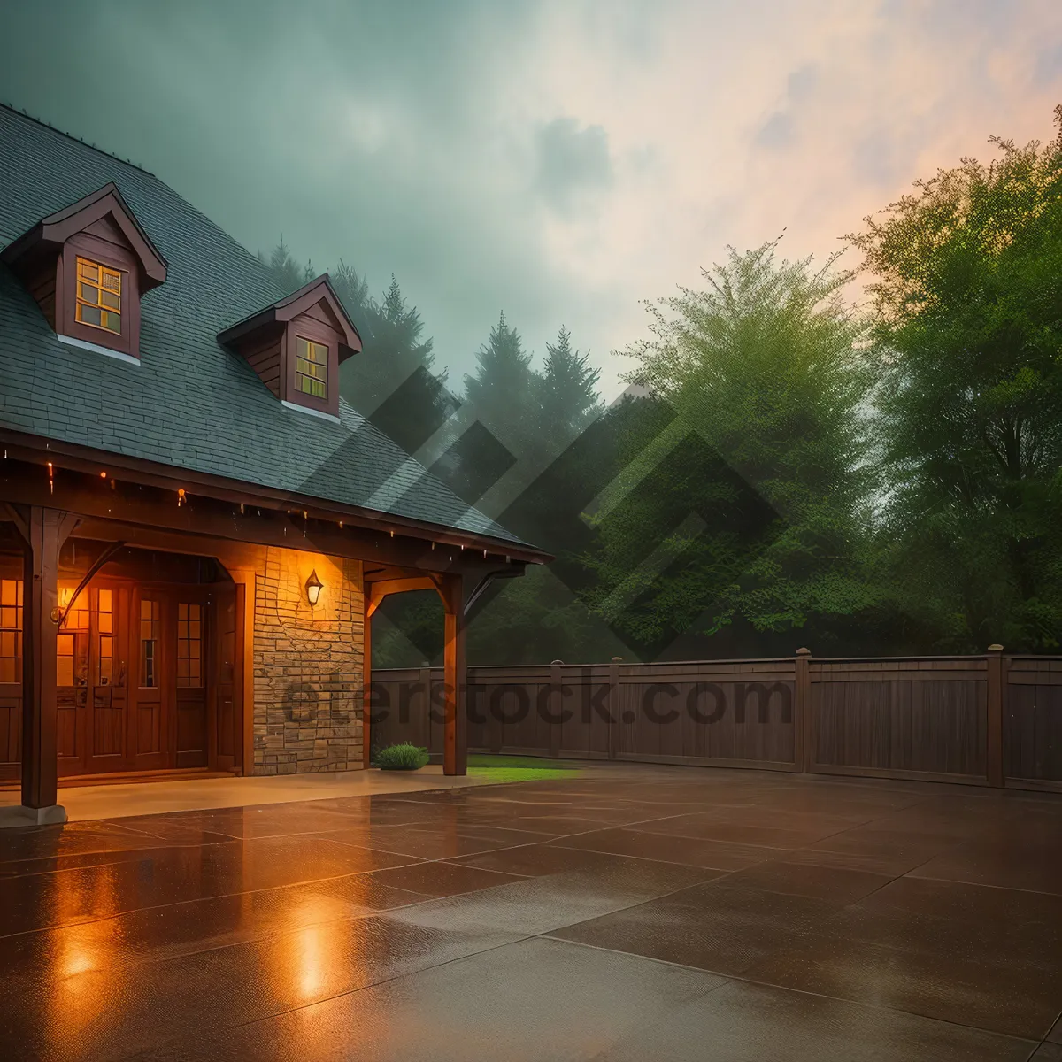 Picture of Modern Suburban Residence with Brick Patio under Clear Blue Sky