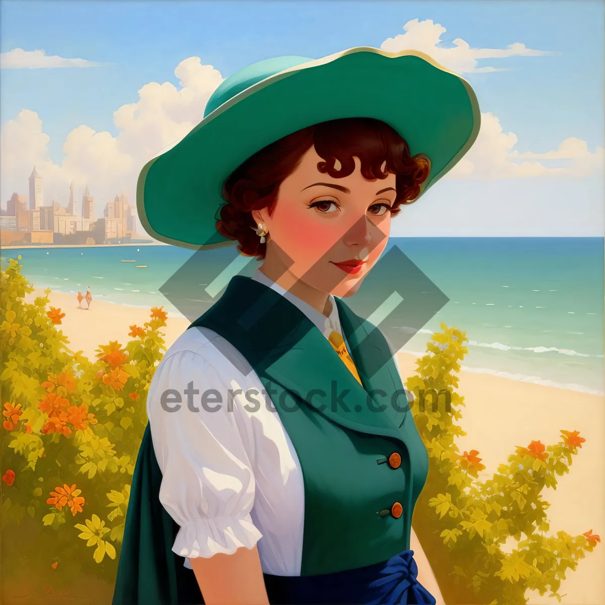 Picture of Happy summer vacation - Attractive person wearing a beach hat at the ocean