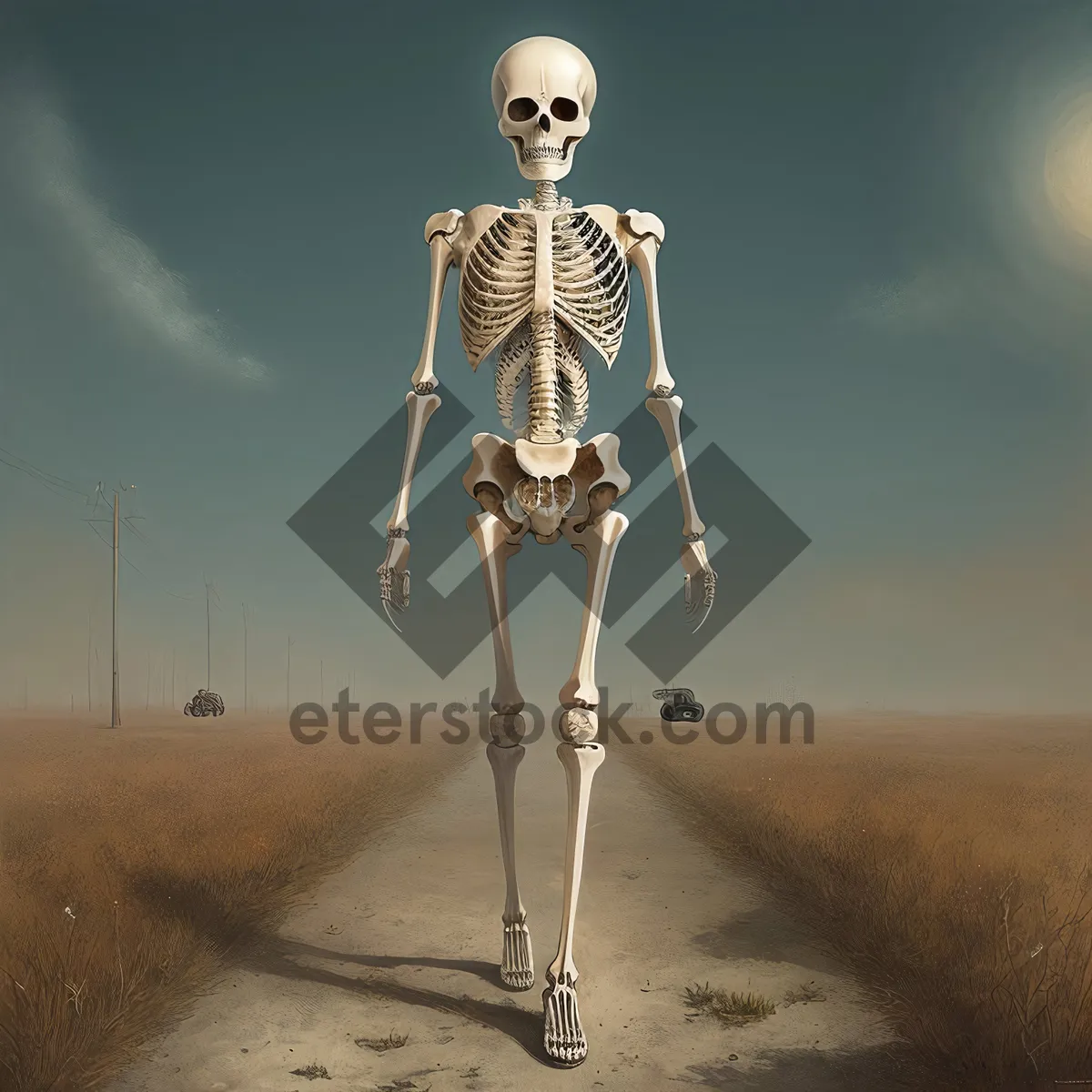 Picture of Medical skeleton on tripod with staff crutch