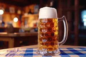 Golden Beer Mug with Frothy Bubbles Close-up.