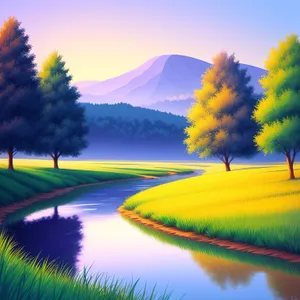 Serene Sunset over Rural Meadow and Reflective Lake