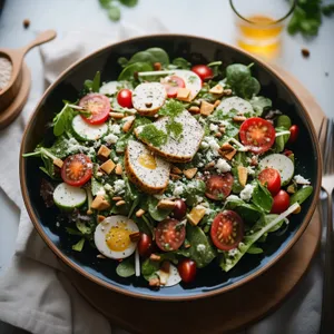 Delicious vegetable salad with cheese and sauce.