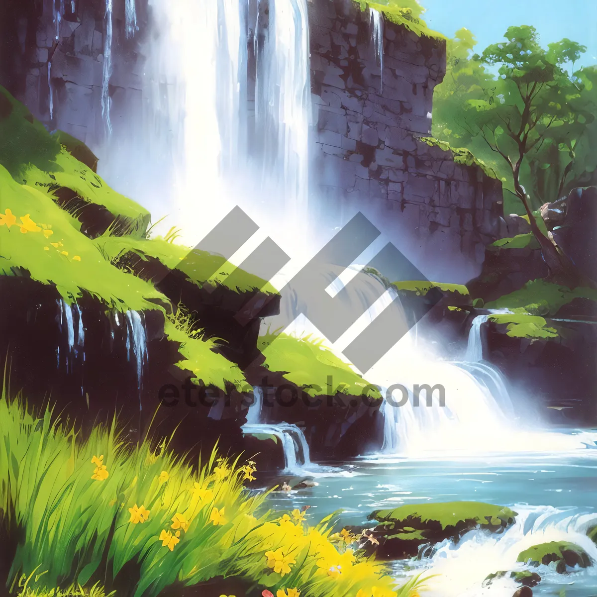 Picture of Tranquil riverscape with cascading waterfall in a lush forest