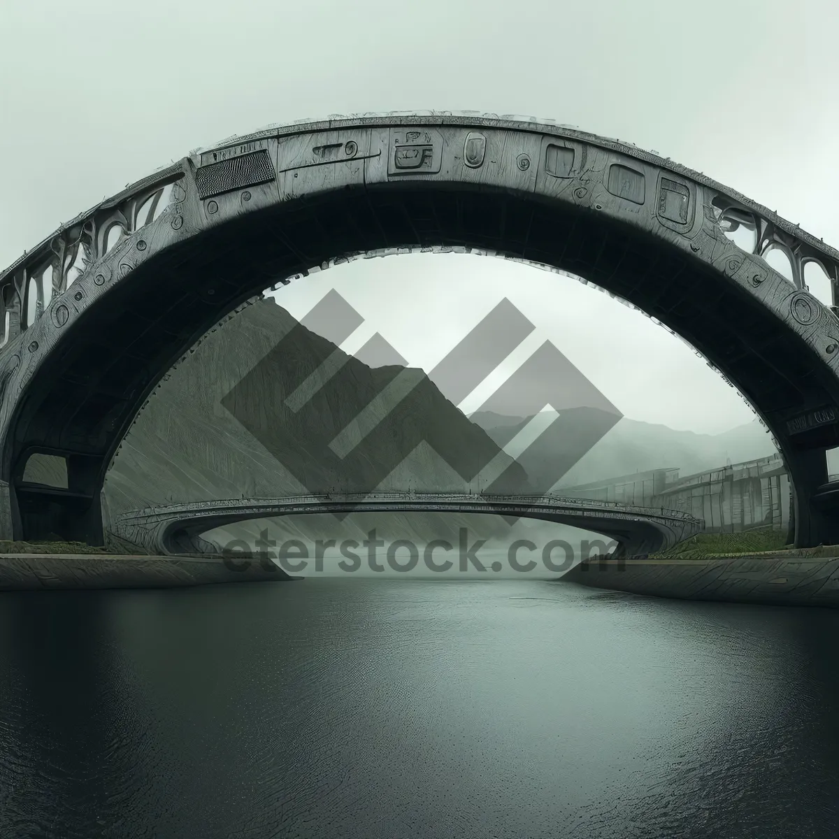 Picture of Steel Arch Bridge Illuminated Over River at Night