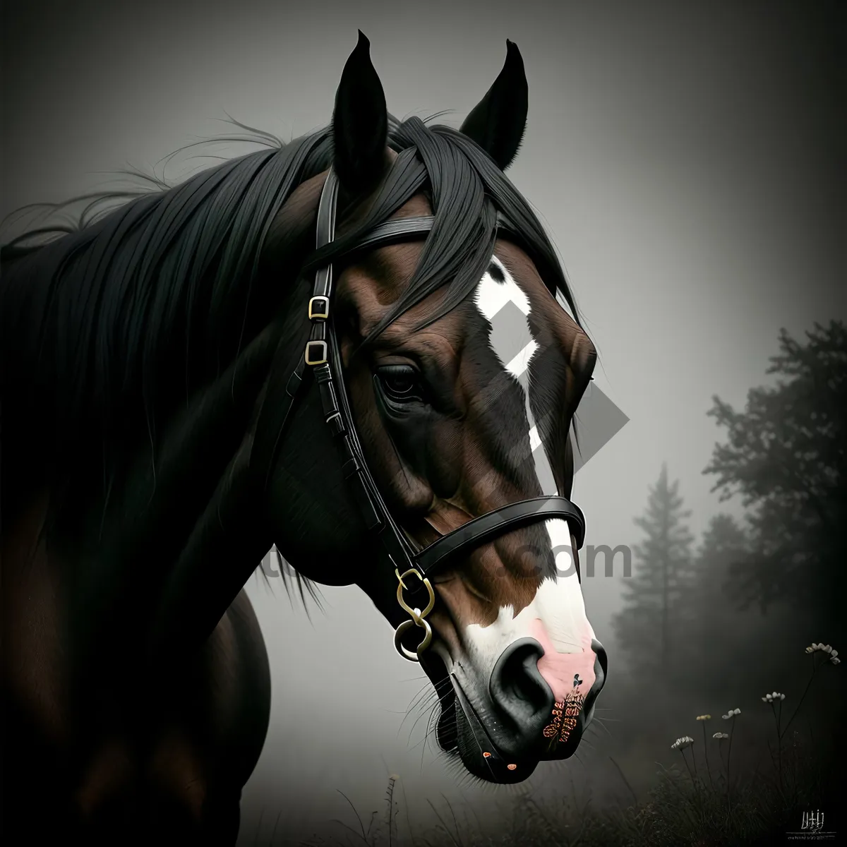 Picture of Brown Thoroughbred Stallion Grazing in Pasture