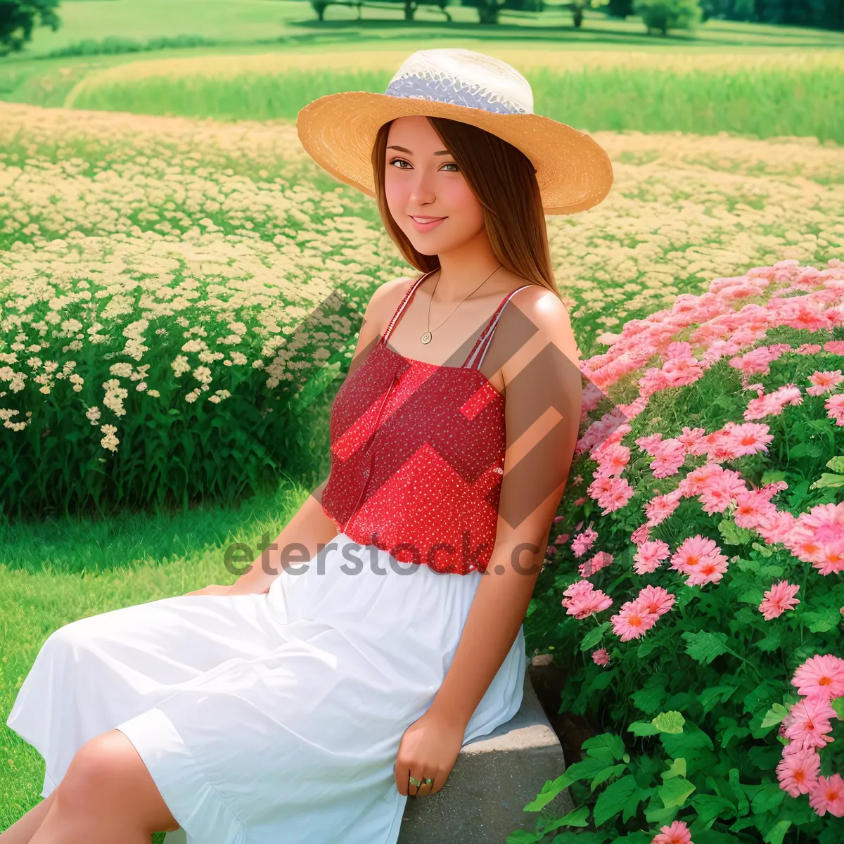 Picture of Happy woman in summer dress at park