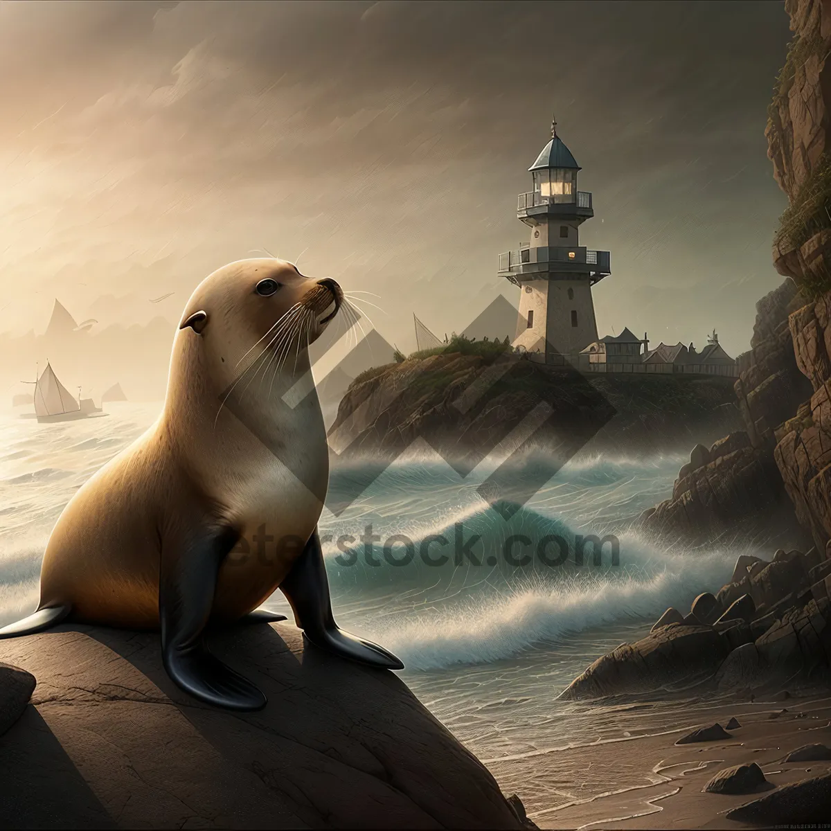 Picture of Wild Sea Lion Lounging on Sandy Beach