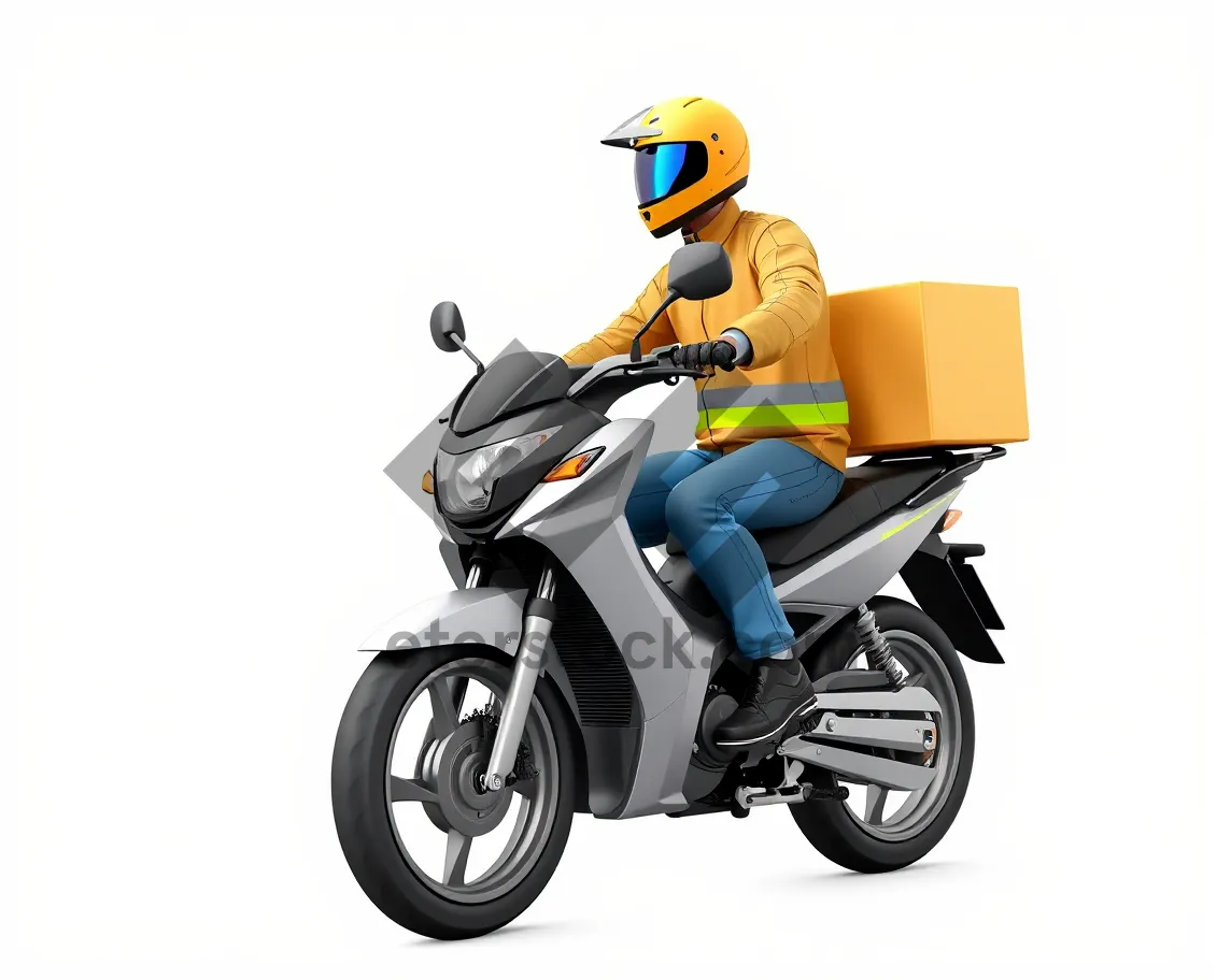 Picture of Cartoon motorbike rider in helmet speeding on road.