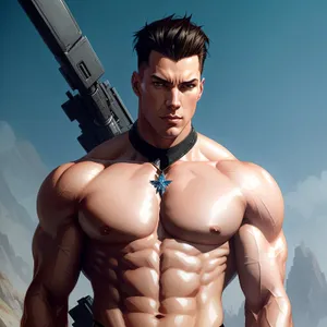 Muscular handsome man with weapon and bikini torso