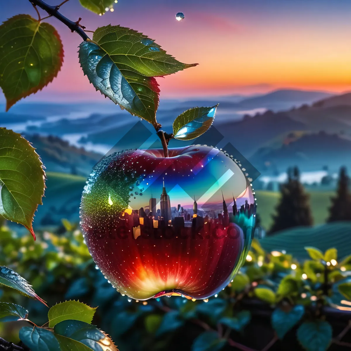 Picture of Festive Gold Apple Ornament on Evergreen Branch.