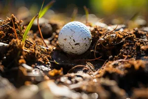 Golf ball on tee on grass with device.