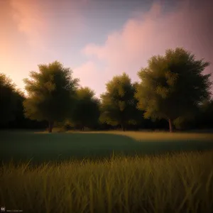 Golden Sunset Over Rural Meadow and Tree