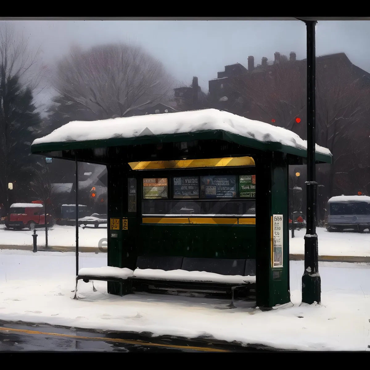 Picture of Winter transportation: Snowy road bus stop and gas pump