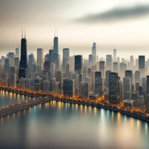 Vibrant Cityscape at Night: Luminous Metropolis on Waterfront