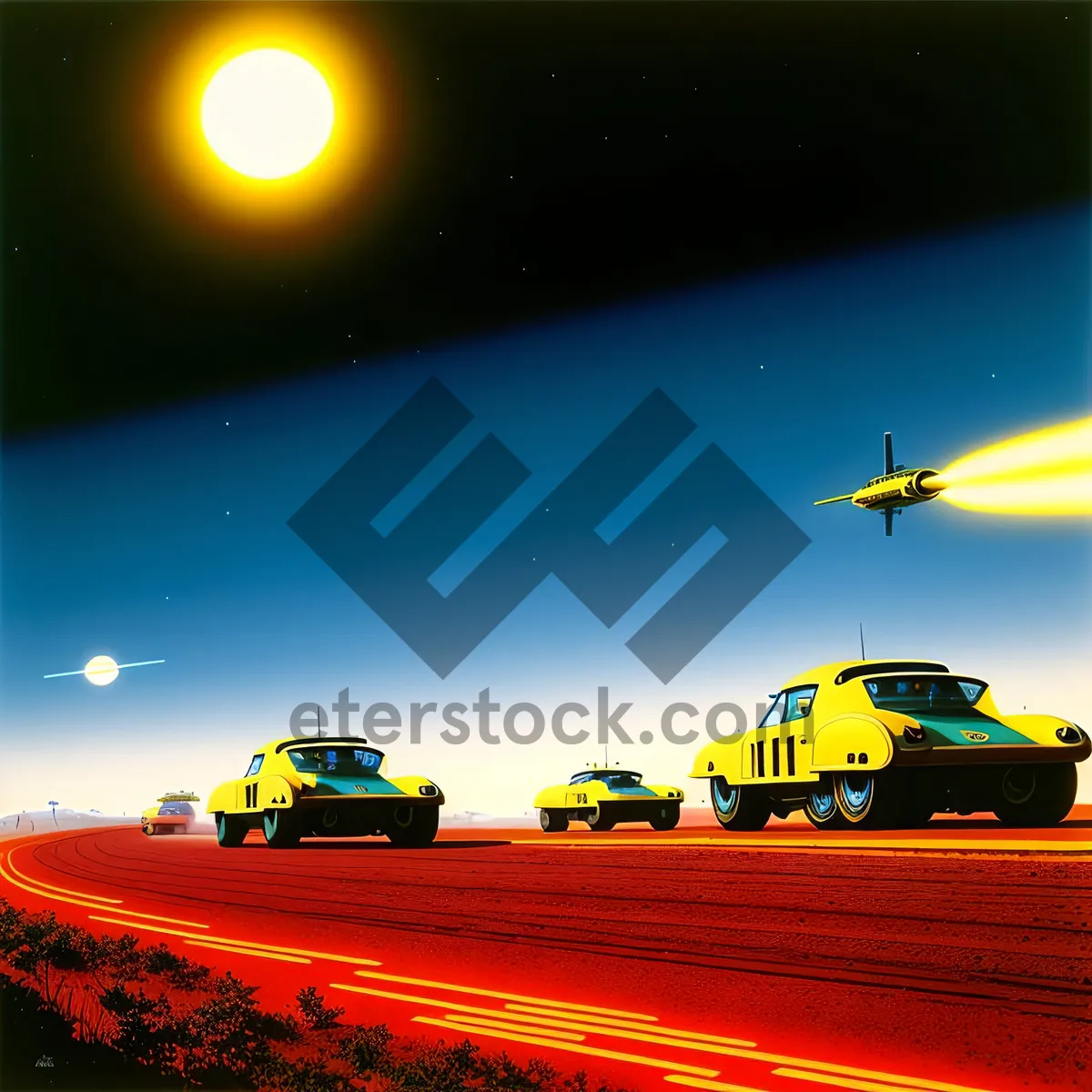 Picture of Silhouette of Car against Vibrant Sunset Sky