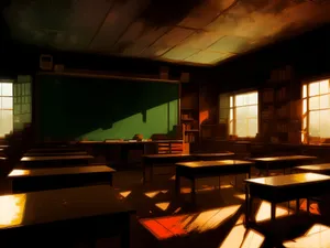 Modern restaurant interior design with wooden furniture and lamp.