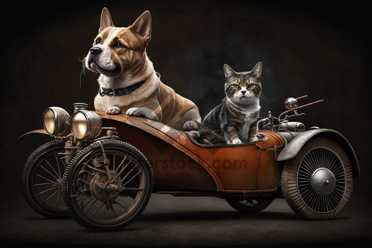 Picture of Cute kitten in sidecar with car wheel.