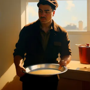 Cheerful male waiter cooking in restaurant kitchen.