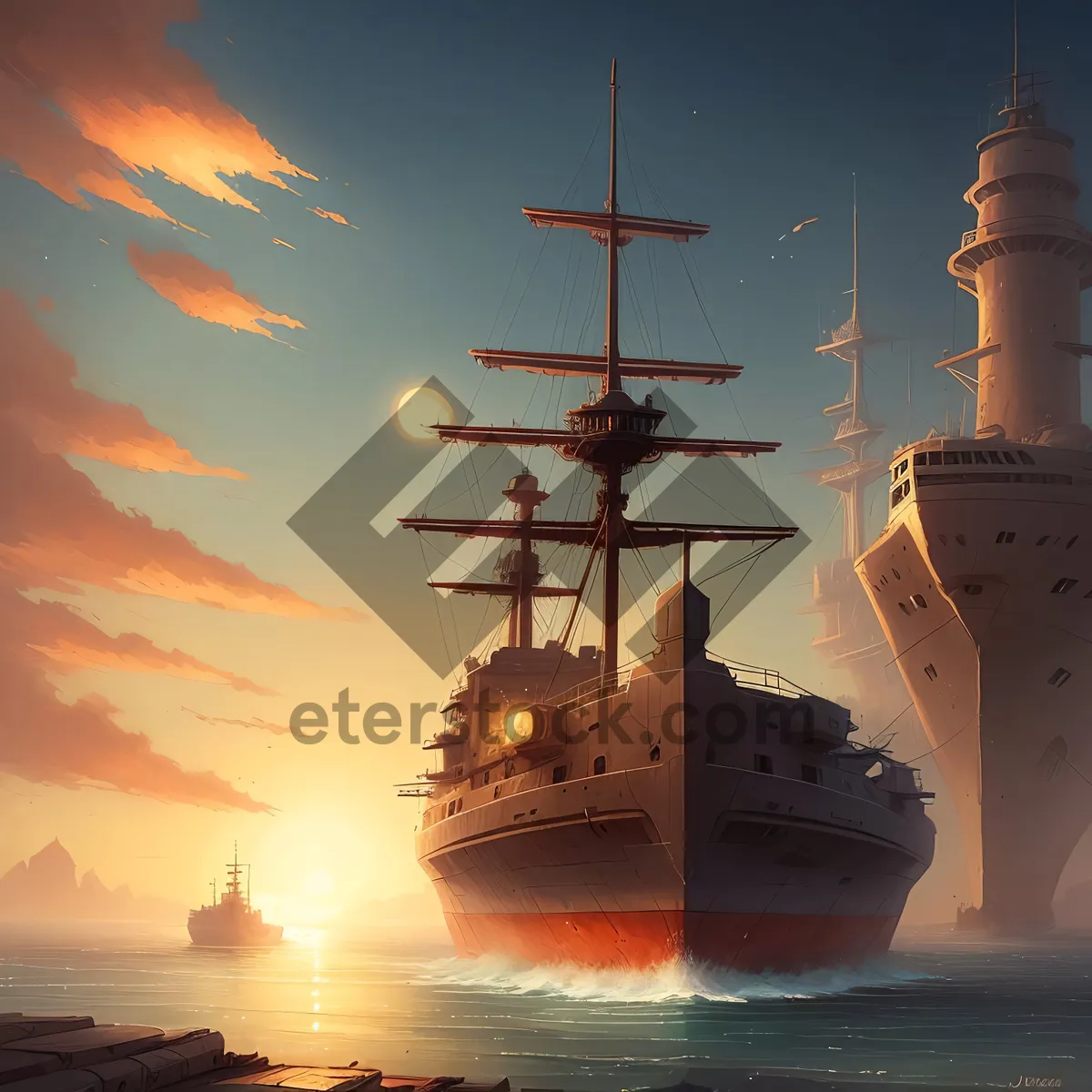 Picture of Sailing into the Sunset: Majestic Pirate Ship at Sea