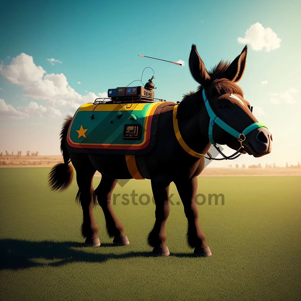 Picture of Brown Stallion Galloping in Grass Field