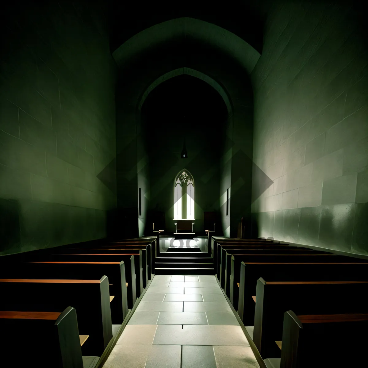 Picture of Ancient Cathedral Hall with Stone Archways and Beautiful Lighting