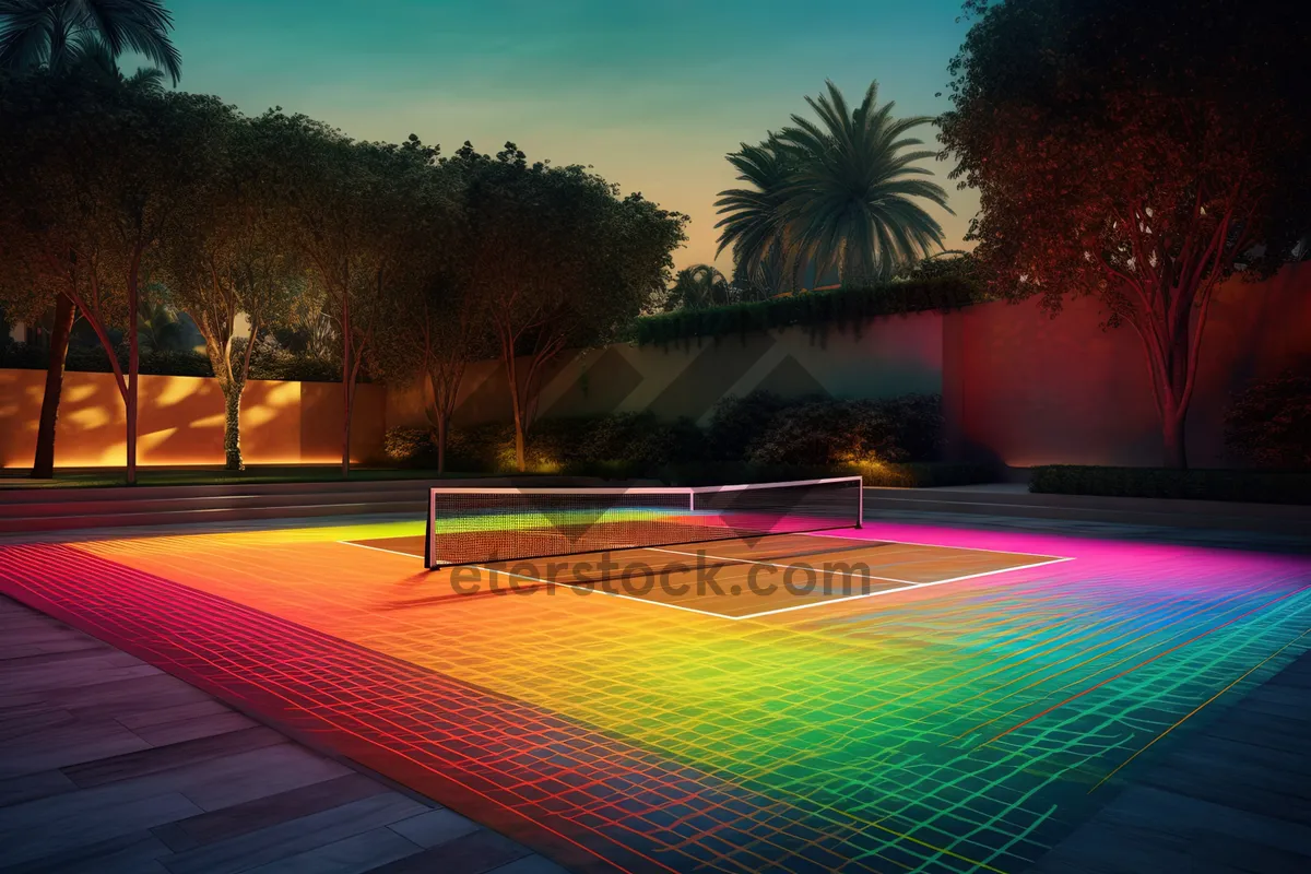 Picture of Nighttime resort hotel pool with illuminated fountain and trampoline