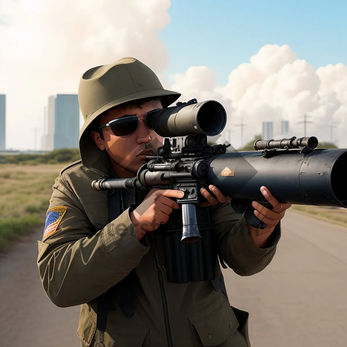 Picture of Camouflaged Soldier Aiming with Rifle Launcher