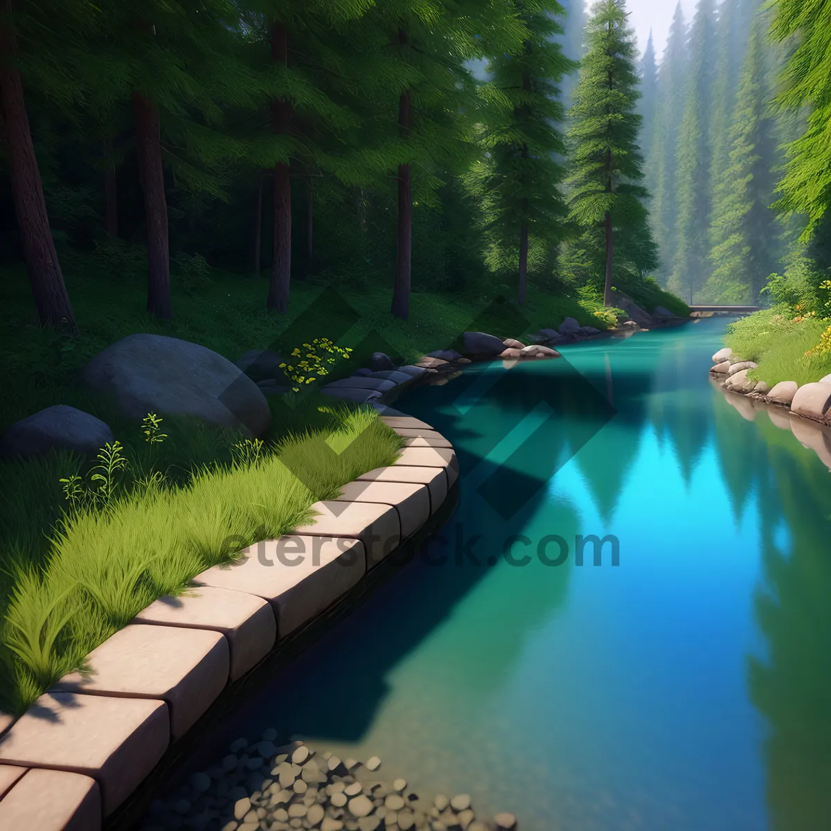 Picture of Serene river flowing through lush summer landscape