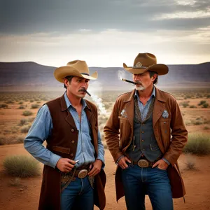 Happy Couple in Oriental Cowboy Hats on Beach